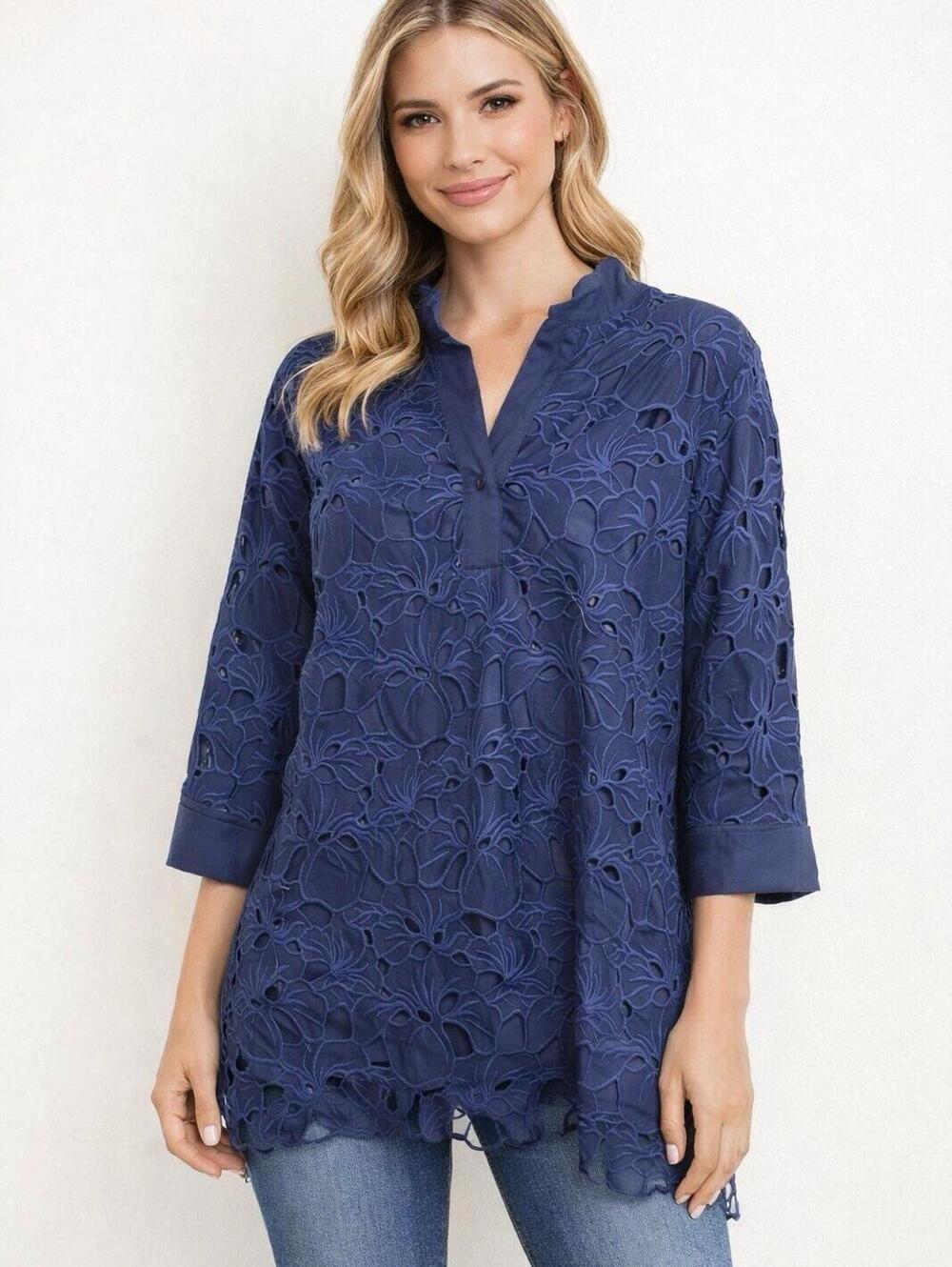 Jade Melody Tam Eyelet Lace Top Floral Tunic Boho Medium Preppy Blouse Blue - Picture 1 of 13